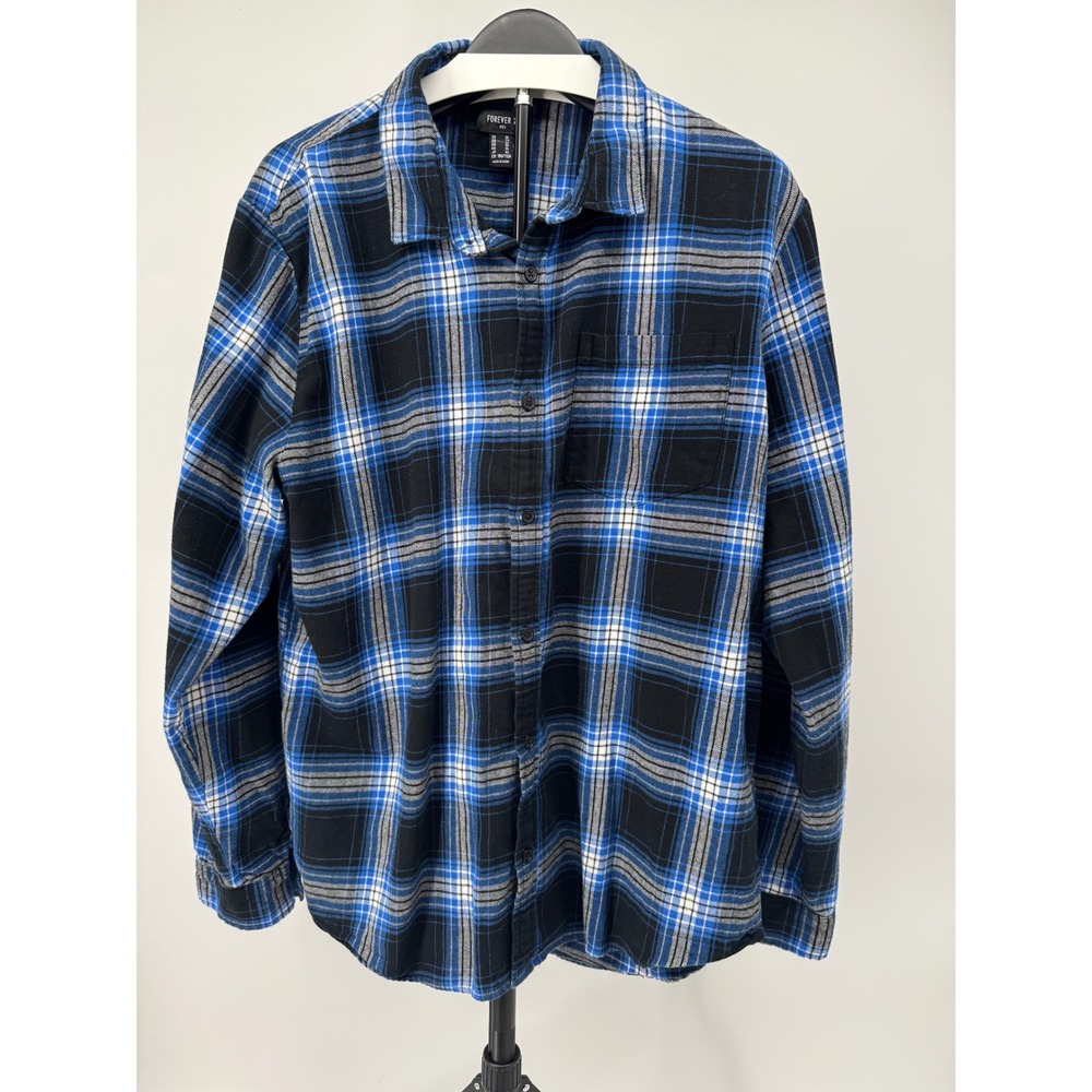 Forever 21 Men Blue Black Plaid Flannel Button Down Shirt XL Long Sleeve Pocket